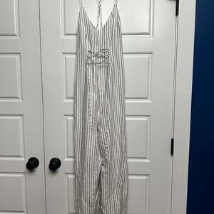 J Brand Lace Up V-Neck Backless Wide Leg Jumpsuit White Striped Size Medium